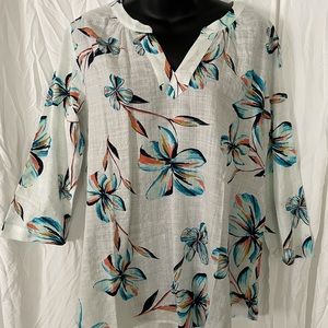 Van Heusen White‎ Blouse w/ Blue, black, orange